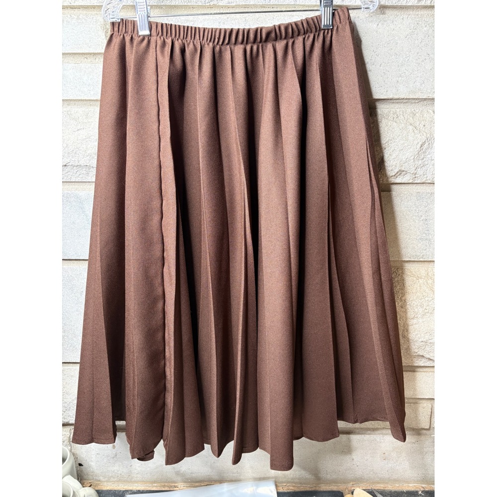 Vicki Wayne's Brown Pleated Midi Skirt Womens 14 Elastic Waist A-Line 06370